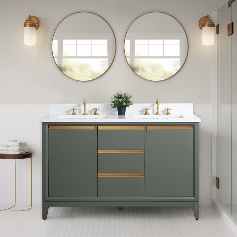 Vintage Green Double Sink Bathroom Vanity with Marble Top