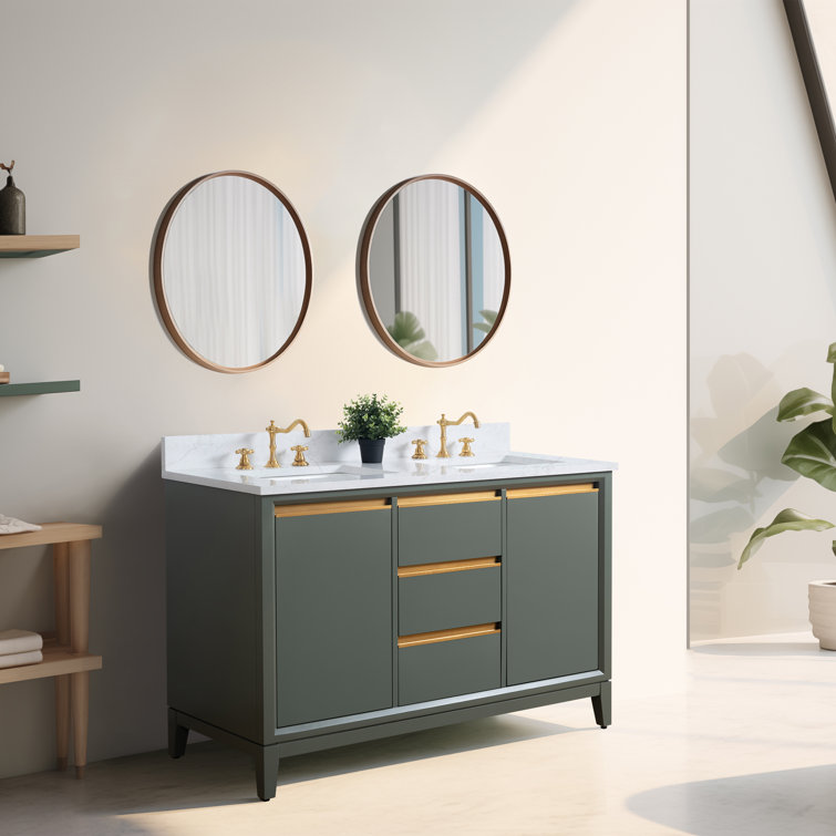 Vintage Green Double Sink Bathroom Vanity with Marble Top