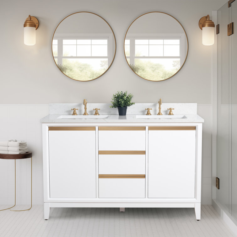 White Poplar Wood Double Bathroom Vanity with Marble Top