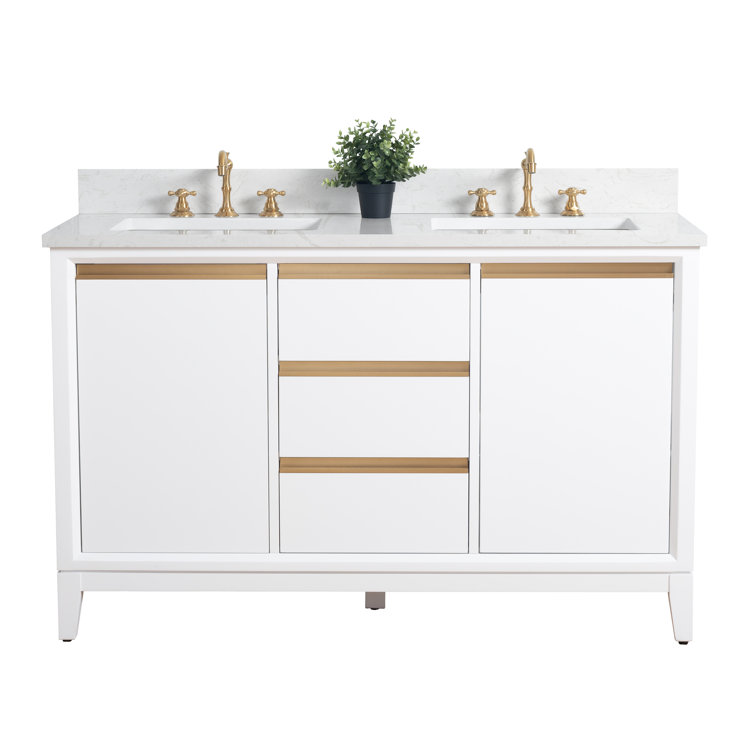 White Poplar Wood Double Bathroom Vanity with Marble Top