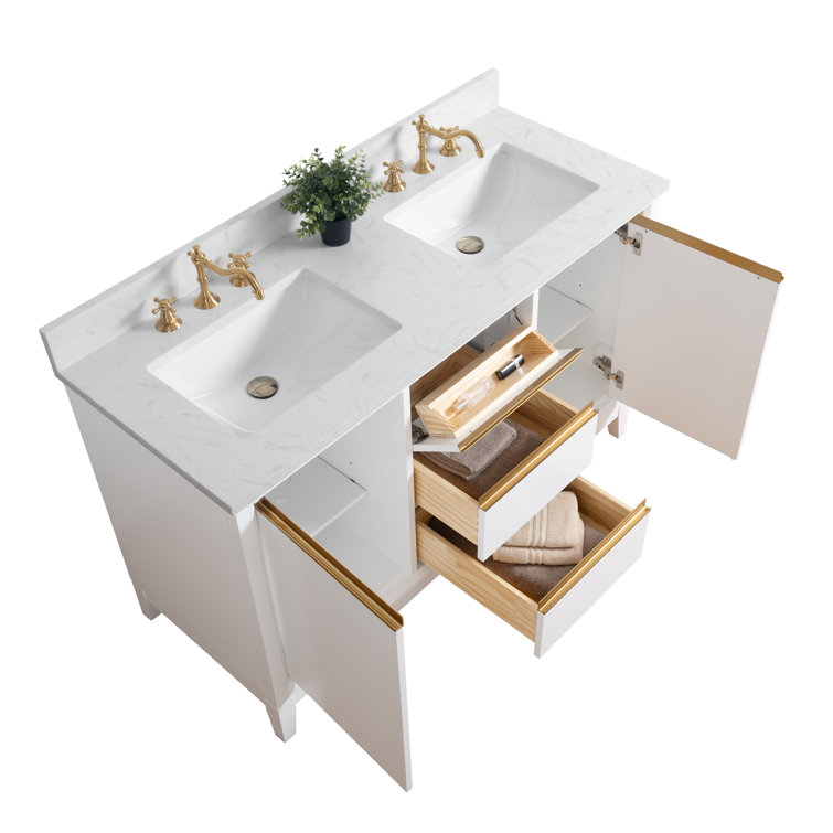 White Poplar Wood Double Bathroom Vanity with Marble Top