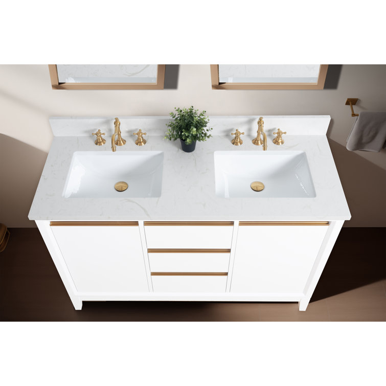 White Poplar Wood Double Bathroom Vanity with Marble Top