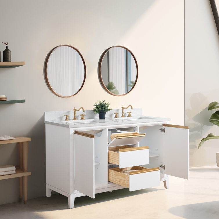 White Poplar Wood Double Bathroom Vanity with Marble Top