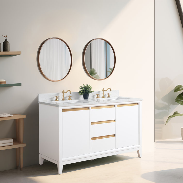 White Poplar Wood Double Bathroom Vanity with Marble Top