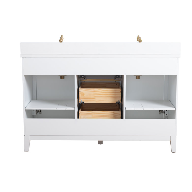 White Poplar Wood Double Bathroom Vanity with Marble Top