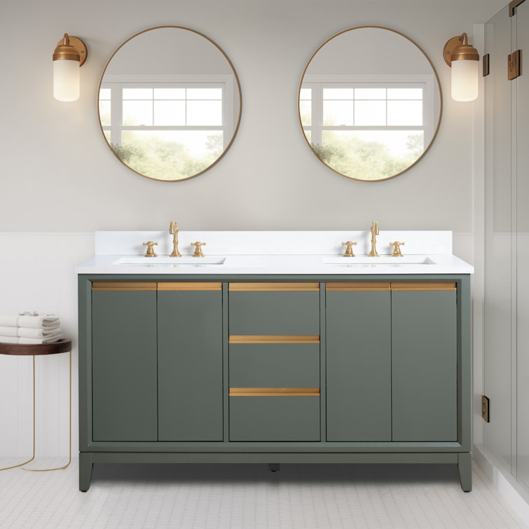 60" Vintage Green Double Sink Bathroom Vanity with Engineered Marble Top