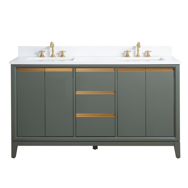 60" Vintage Green Double Sink Bathroom Vanity with Engineered Marble Top