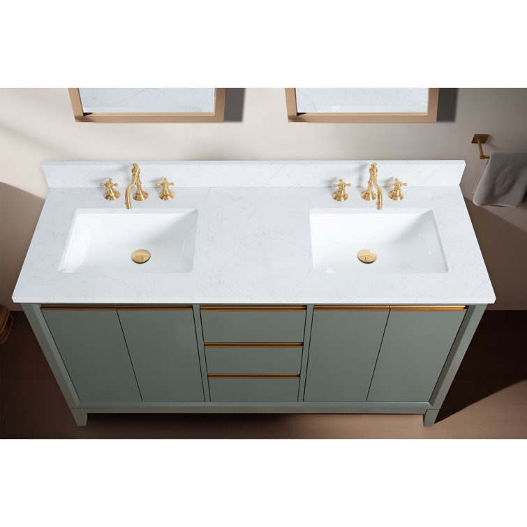 60" Vintage Green Double Sink Bathroom Vanity with Engineered Marble Top
