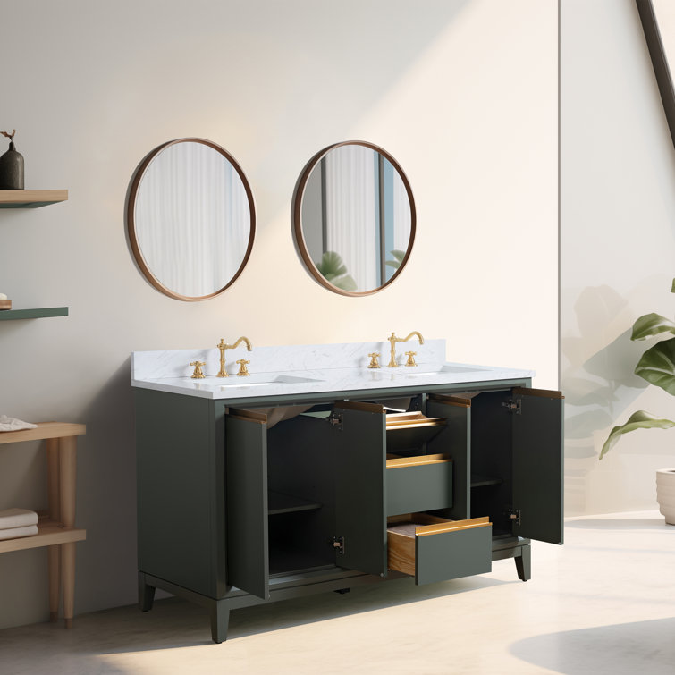 60" Vintage Green Double Sink Bathroom Vanity with Engineered Marble Top