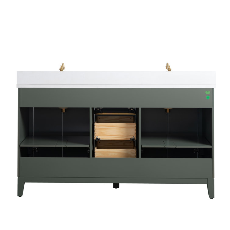 60" Vintage Green Double Sink Bathroom Vanity with Engineered Marble Top