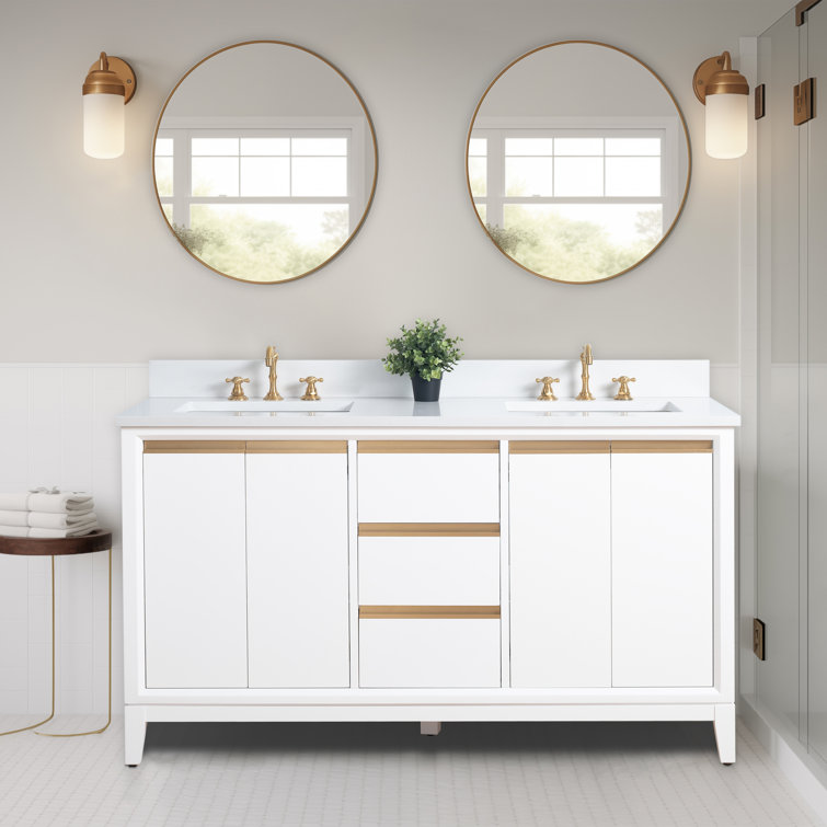 60" White Double Sink Bathroom Vanity with Engineered Marble Top