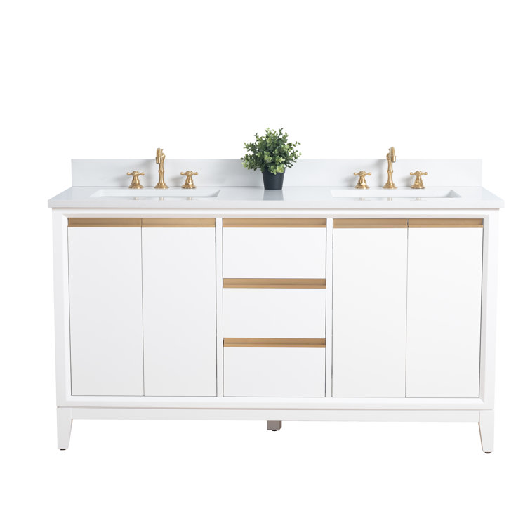 60" White Double Sink Bathroom Vanity with Engineered Marble Top