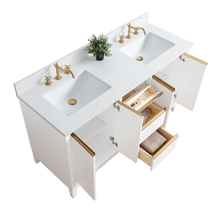 60" White Double Sink Bathroom Vanity with Engineered Marble Top