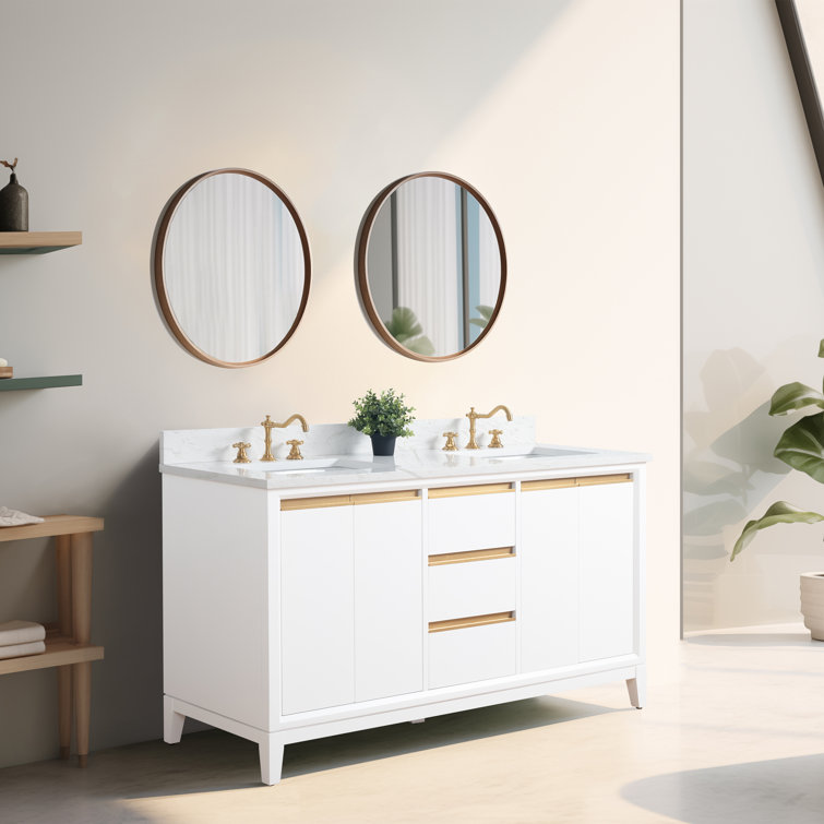 60" White Double Sink Bathroom Vanity with Engineered Marble Top