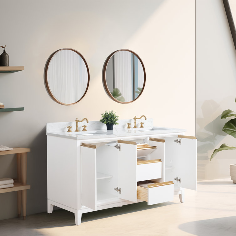 60" White Double Sink Bathroom Vanity with Engineered Marble Top