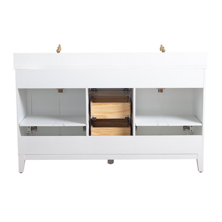 60" White Double Sink Bathroom Vanity with Engineered Marble Top