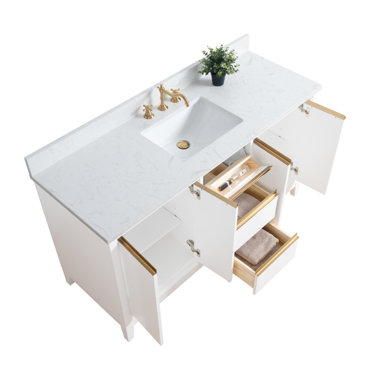 60" White Poplar Wood Single Bathroom Vanity with Marble Top