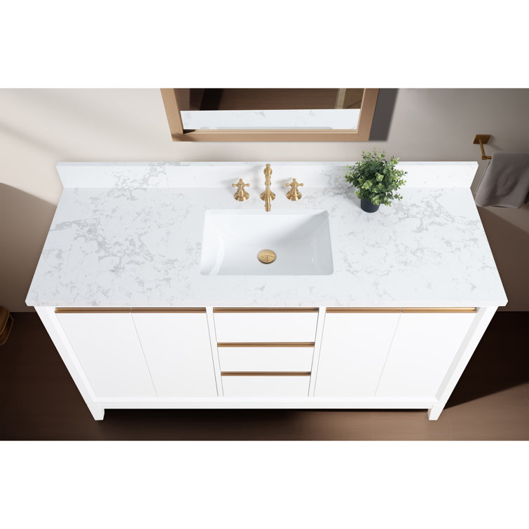60" White Poplar Wood Single Bathroom Vanity with Marble Top