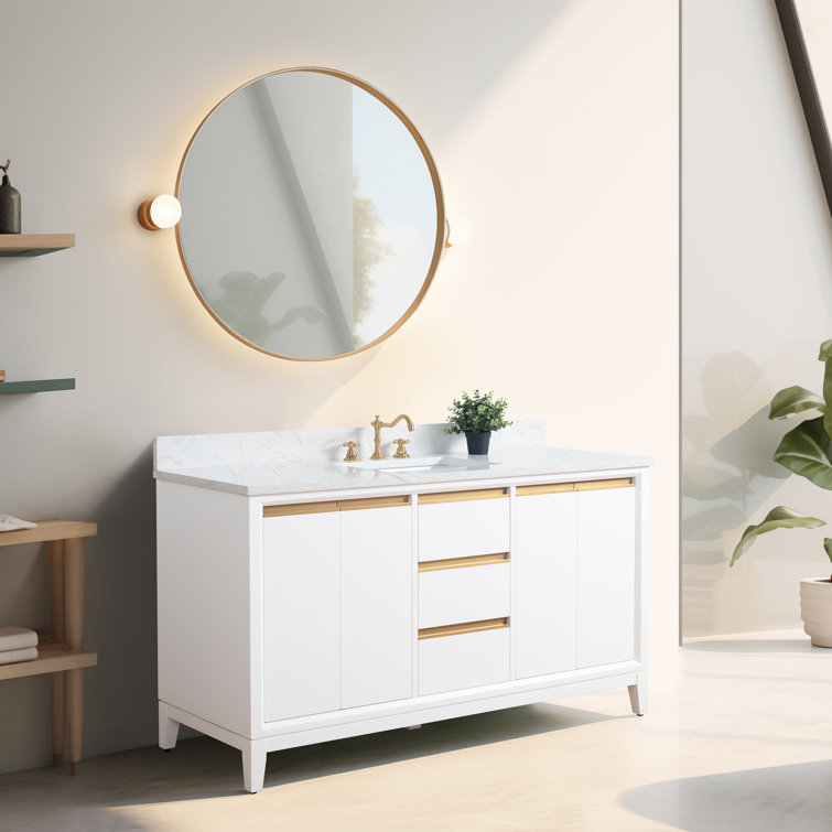 60" White Poplar Wood Single Bathroom Vanity with Marble Top