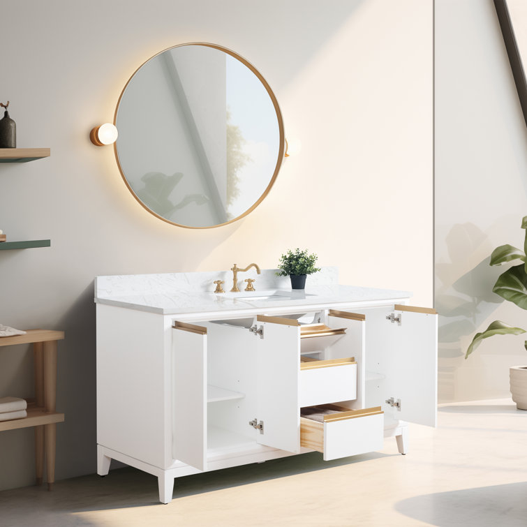 60" White Poplar Wood Single Bathroom Vanity with Marble Top