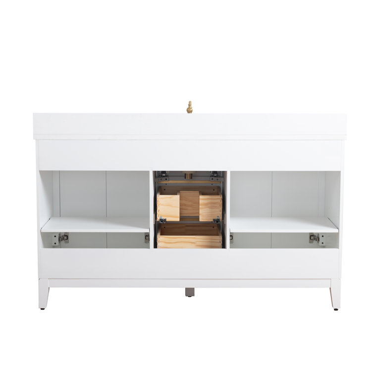 60" White Poplar Wood Single Bathroom Vanity with Marble Top