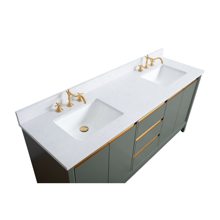 72" Vintage Green Double Sink Bathroom Vanity with Marble Top