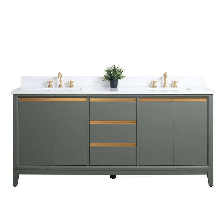 72" Vintage Green Double Sink Bathroom Vanity with Marble Top