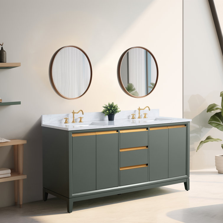 72" Vintage Green Double Sink Bathroom Vanity with Marble Top