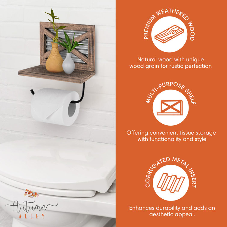 Rustic Farmhouse Wood and Metal Toilet Paper Holder with Shelf