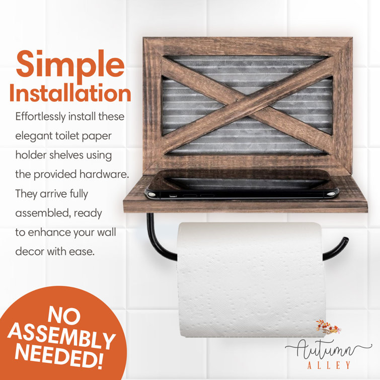 Rustic Farmhouse Wood and Metal Toilet Paper Holder with Shelf