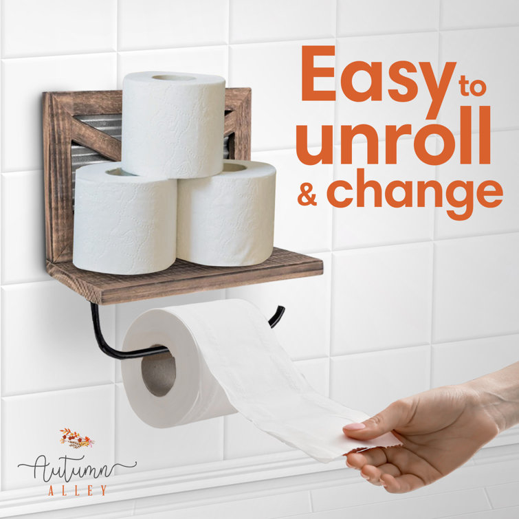 Rustic Farmhouse Wood and Metal Toilet Paper Holder with Shelf