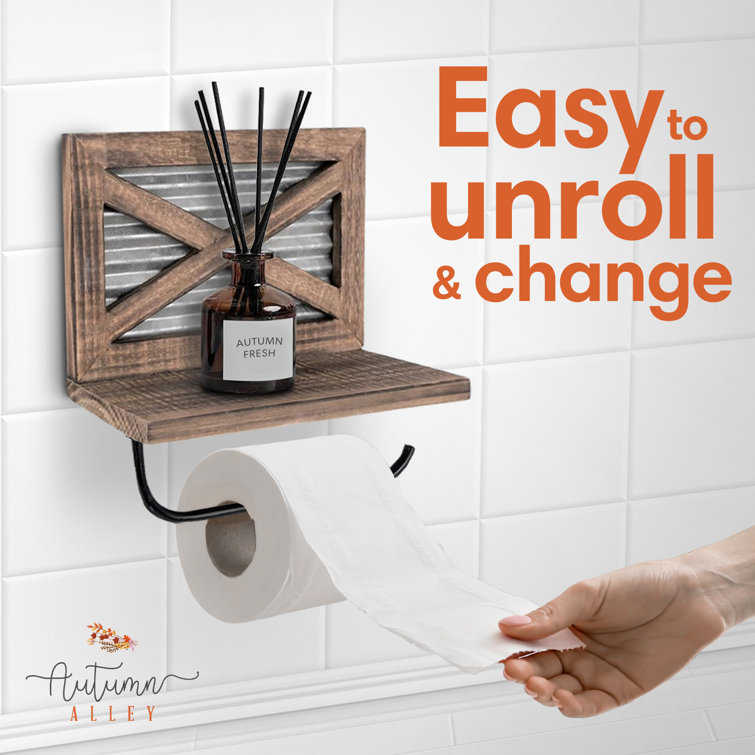 Rustic Farmhouse Wood and Metal Toilet Paper Holder with Shelf