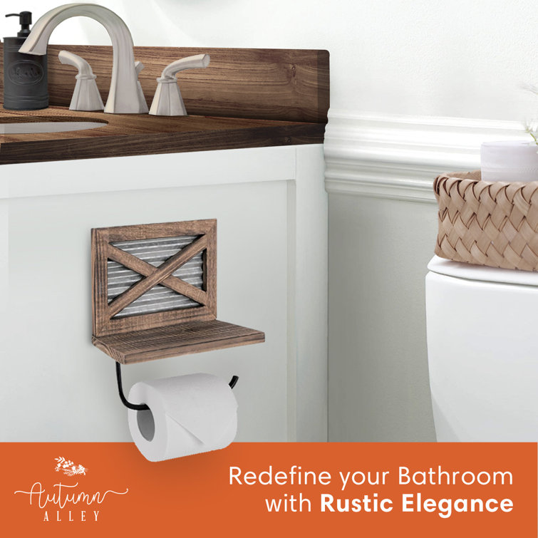 Rustic Farmhouse Wood and Metal Toilet Paper Holder with Shelf