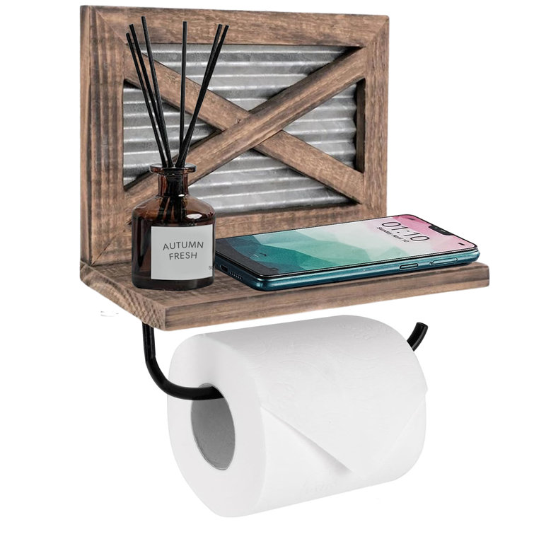 Rustic Farmhouse Wood and Metal Toilet Paper Holder with Shelf