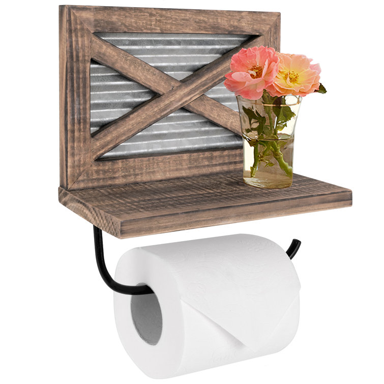 Rustic Farmhouse Wood and Metal Toilet Paper Holder with Shelf
