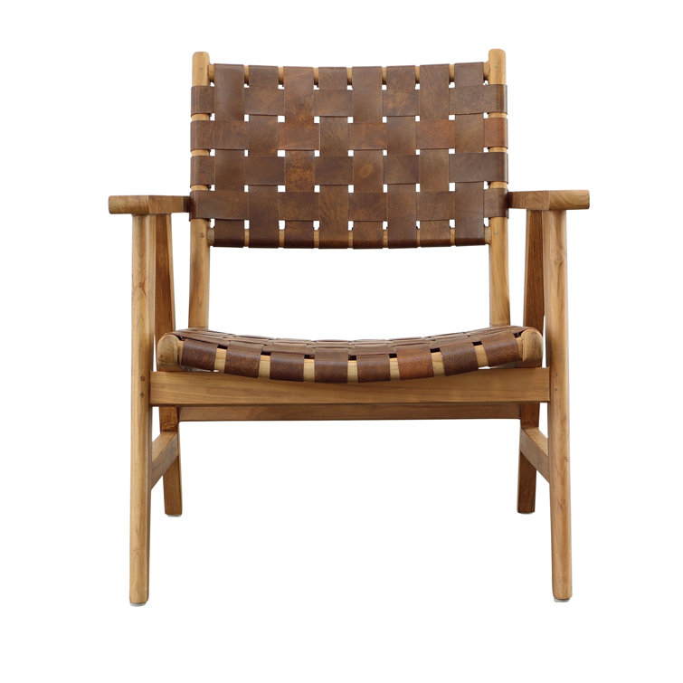 Brown Teak and Leather Woven Armchair