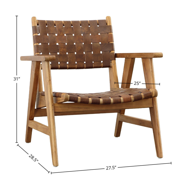 Brown Teak and Leather Woven Armchair