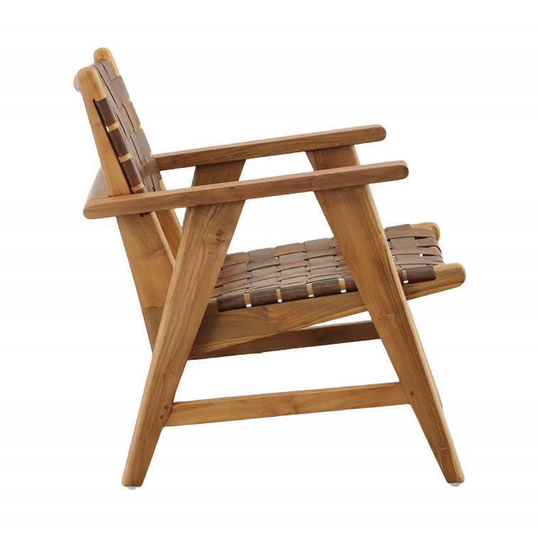 Brown Teak and Leather Woven Armchair