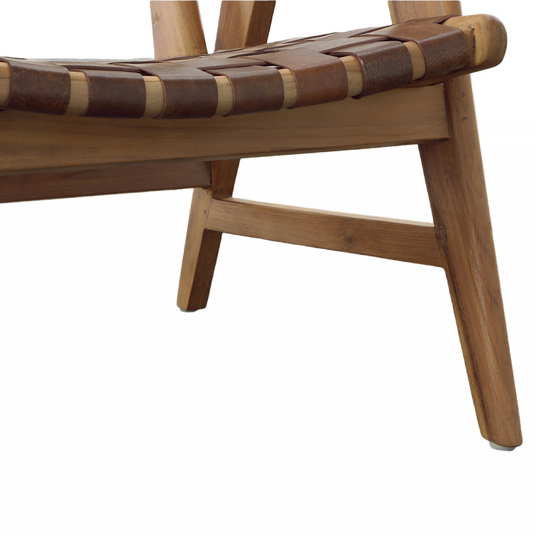 Brown Teak and Leather Woven Armchair