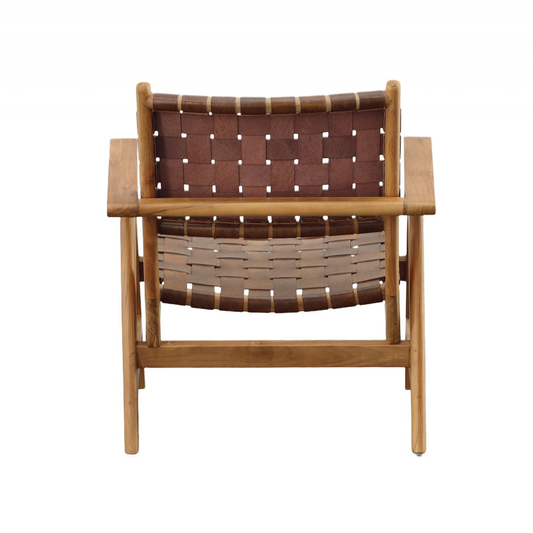 Brown Teak and Leather Woven Armchair