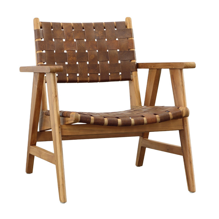 Brown Teak and Leather Woven Armchair