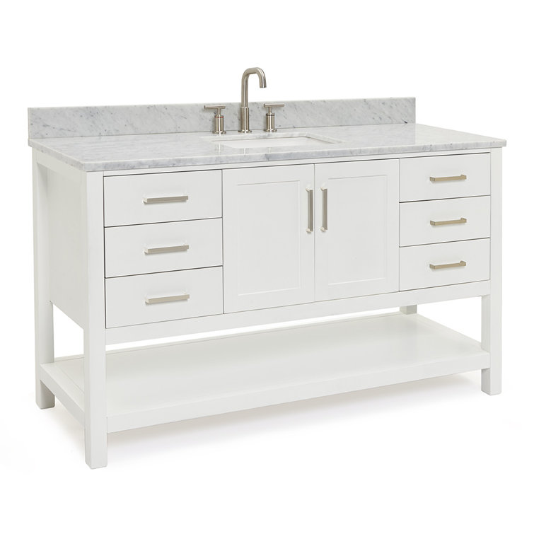 Magnolia 61" White Solid Wood Bathroom Vanity with Marble Top