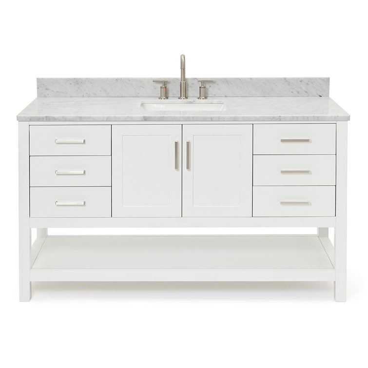Magnolia 61" White Solid Wood Bathroom Vanity with Marble Top