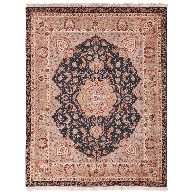 Hand-Knotted Black and Beige Wool Silk Medallion Rug 8' x 10'