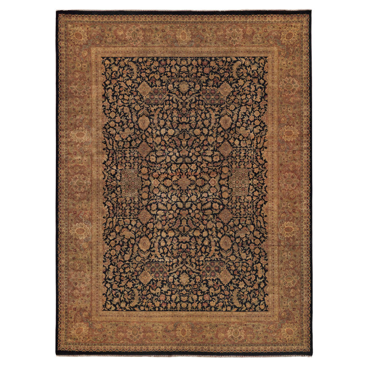 Hand-Knotted Black Floral Wool Rectangular Area Rug