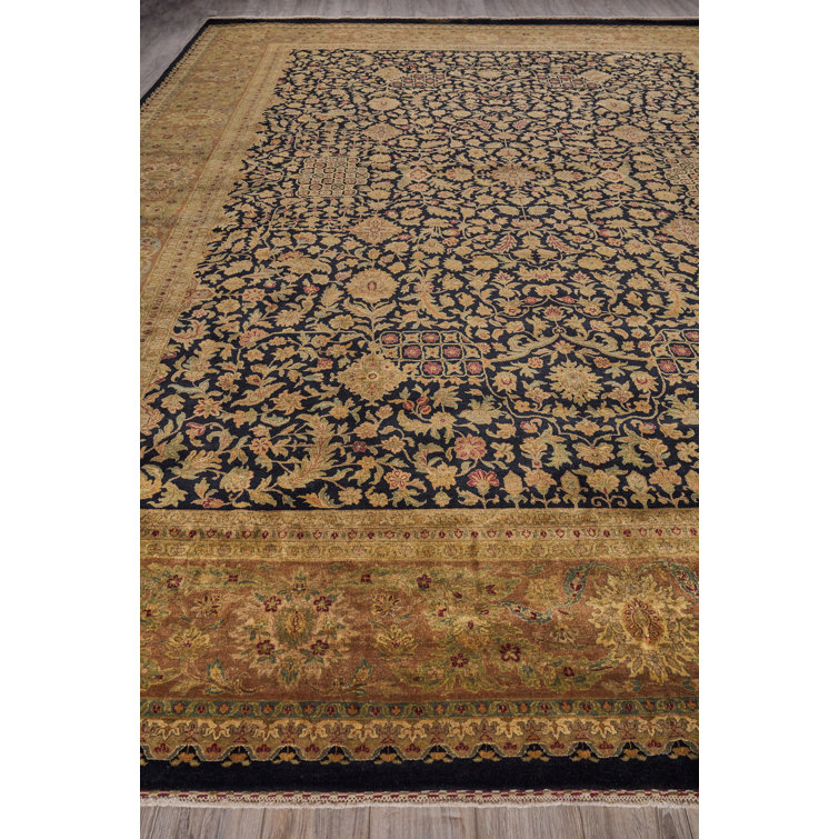Hand-Knotted Black Floral Wool Rectangular Area Rug