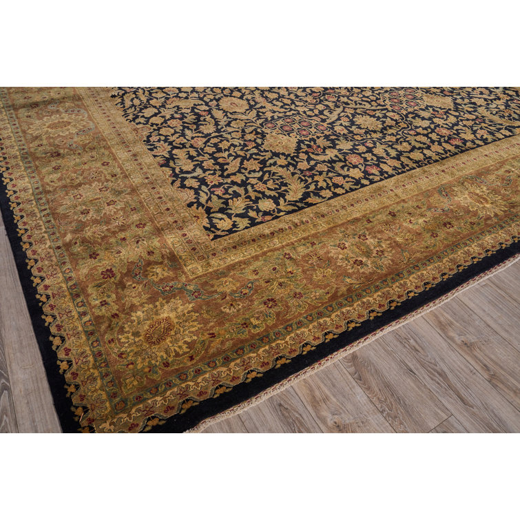 Hand-Knotted Black Floral Wool Rectangular Area Rug