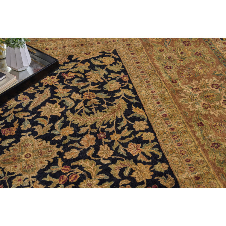 Hand-Knotted Black Floral Wool Rectangular Area Rug