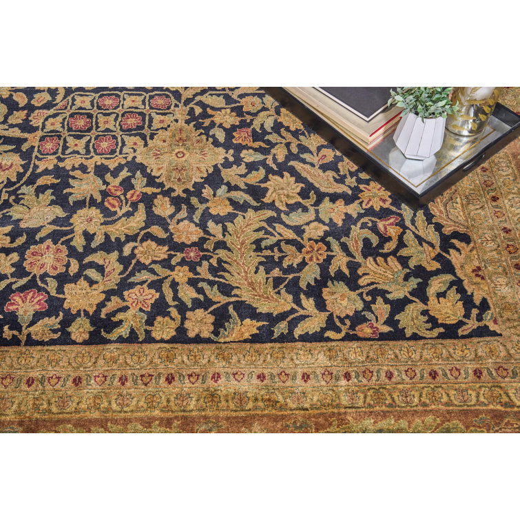 Hand-Knotted Black Floral Wool Rectangular Area Rug