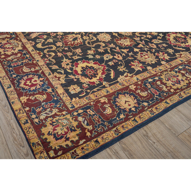 Handmade Black Floral Wool 10' x 14' Area Rug